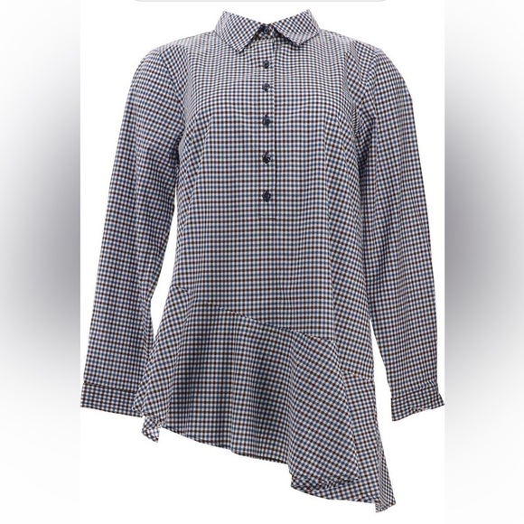 Joan Rivers Plaid Ruffle Button Front Tunic Asymmetric Hem Blouse Top - Picture 1 of 6